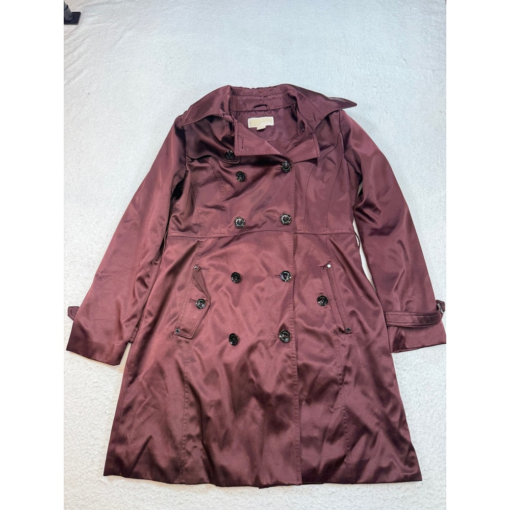 Michael Kors Womens Burgundy Satin Double Breasted Trench Coat Size M